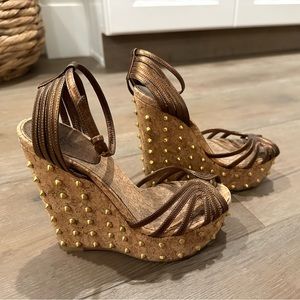 Gucci Bronze Studded Wedge Sandals, size 35
